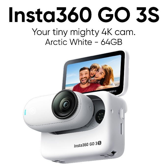 Insta360 GO 3S 4K Tiny Waterproof Action Camera in Arctic White with 64GB storage and flip screen