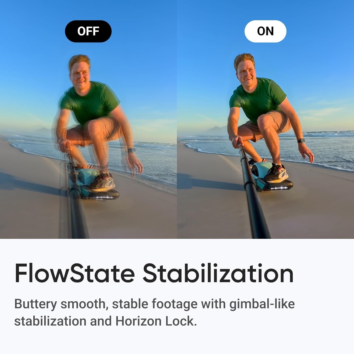 FlowState Stabilization comparison showing 4K Tiny Waterproof Action Camera feature for smooth footage