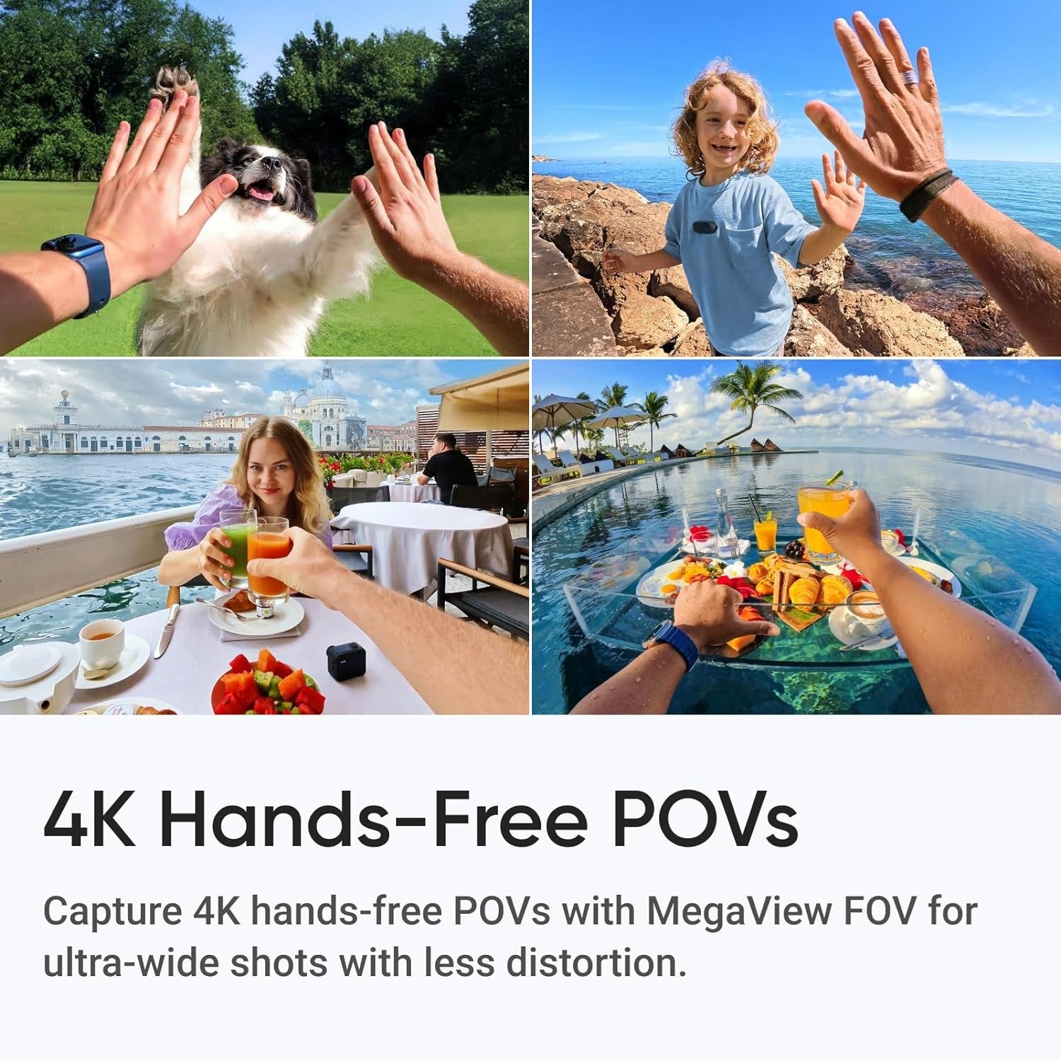 4K Tiny Waterproof Action Camera capturing hands-free POVs with ultra-wide shots in diverse settings