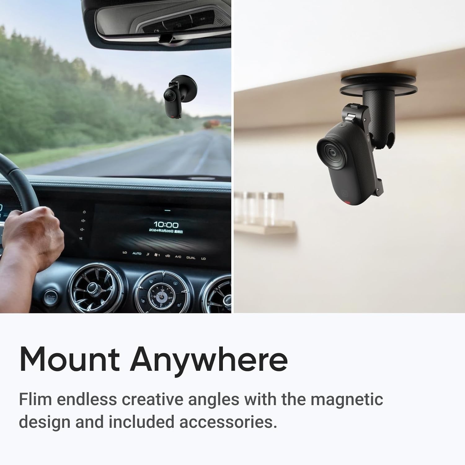 VMIDirect 4K Tiny Waterproof Action Camera mounted in a car and home setting for versatile use