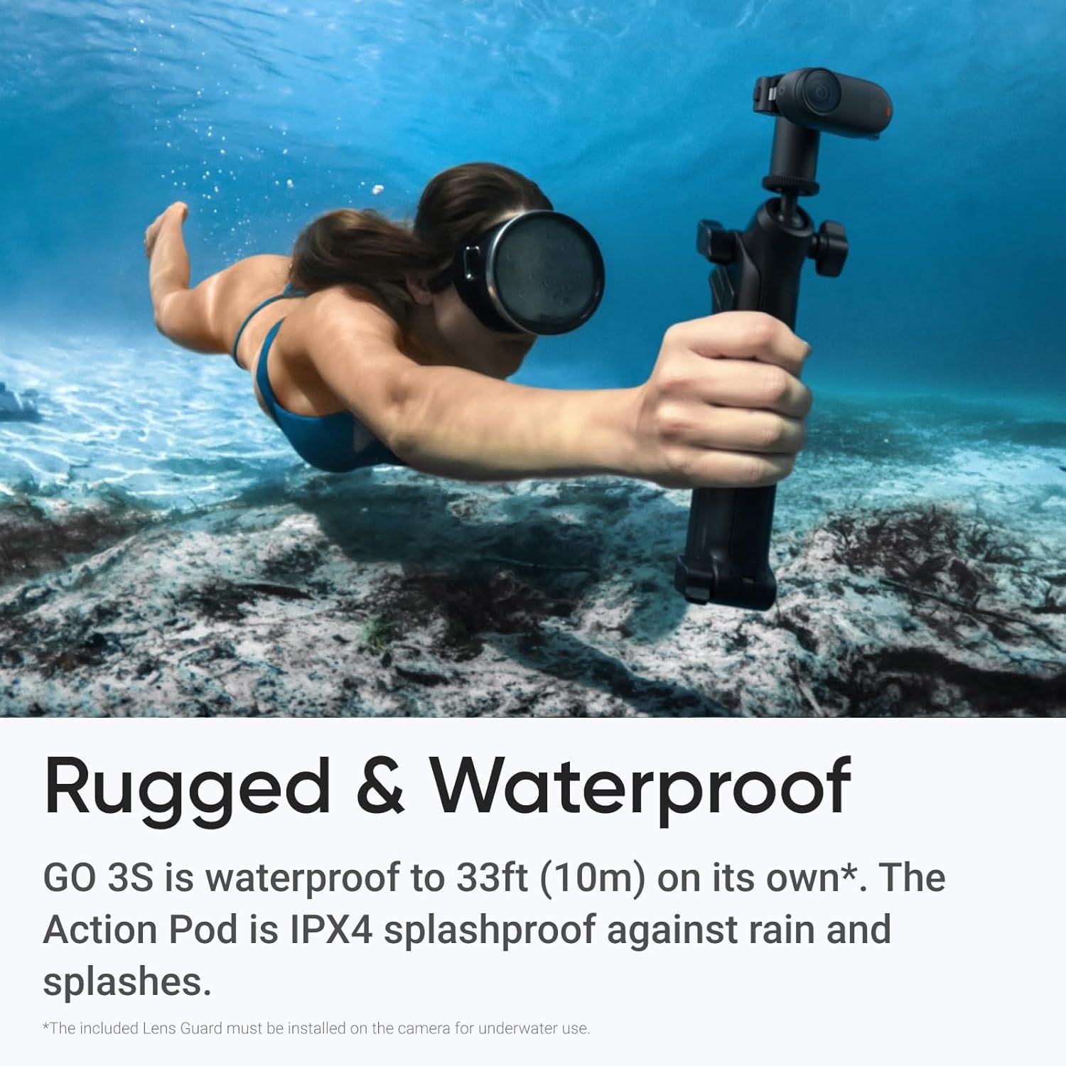 4K Tiny Waterproof Action Camera used underwater by a diver holding a stabilizer for capturing stunning footage