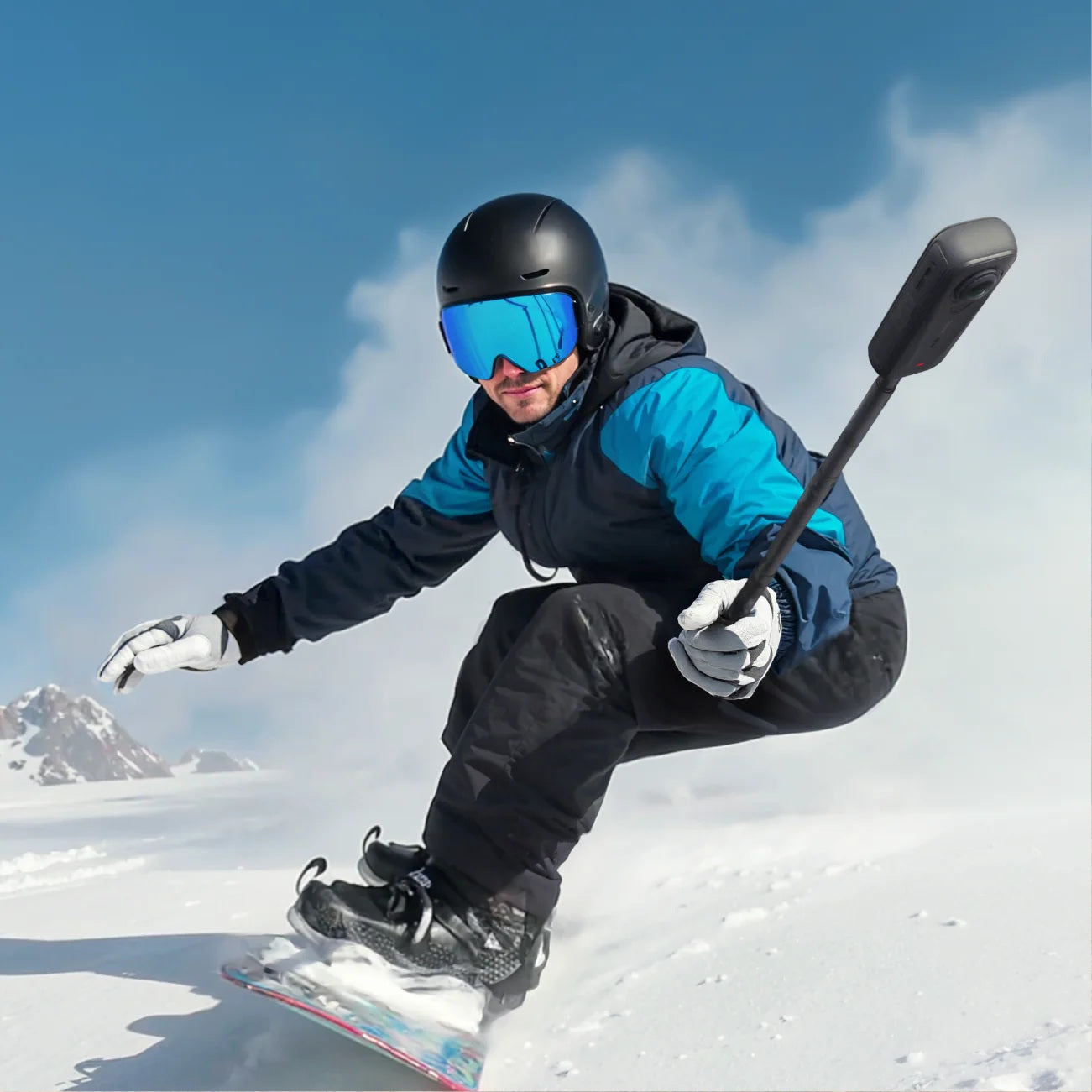 8K Waterproof Action Camera capturing a snowboarder in motion on a snowy slope