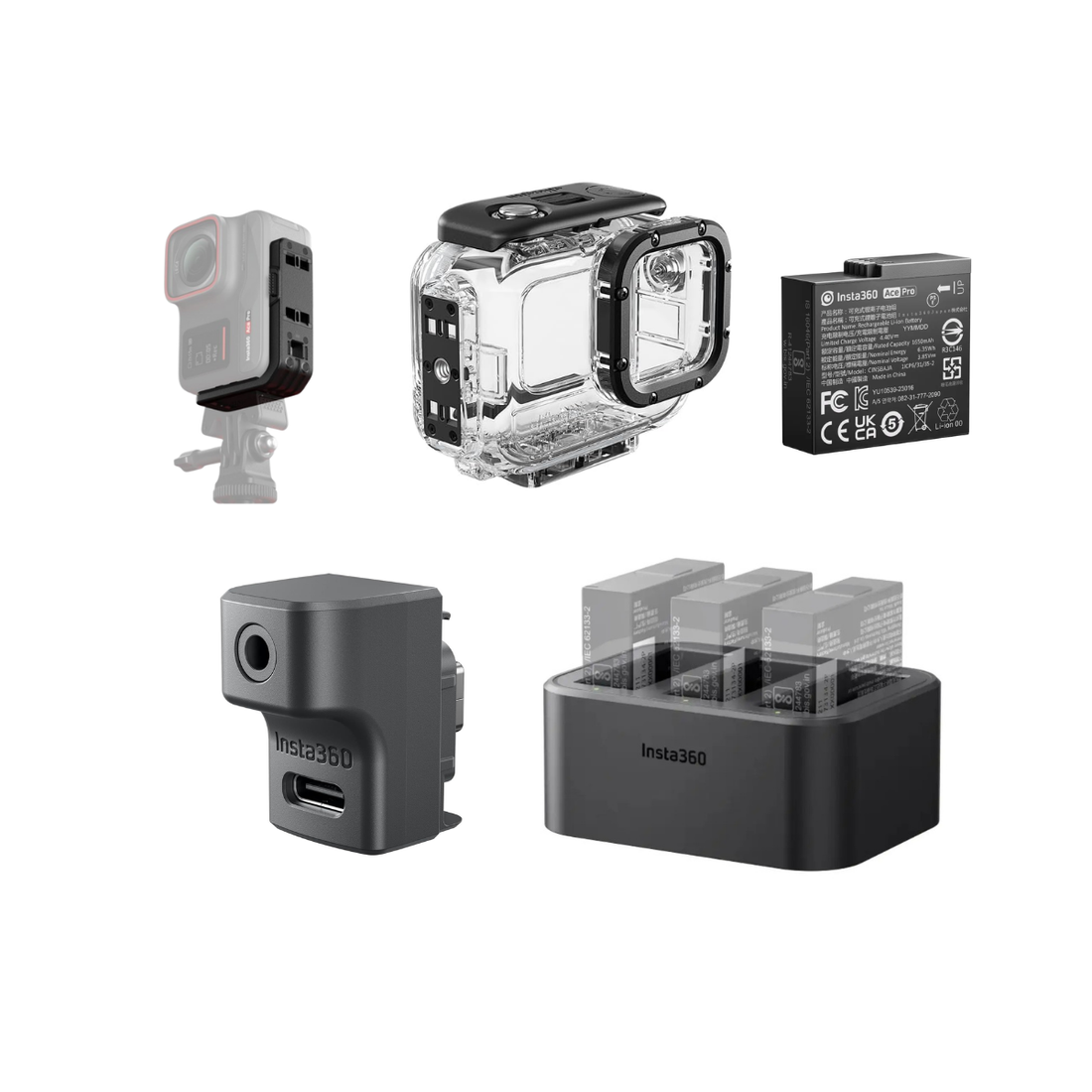Insta360 Ace Ace Pro Accessories set with battery, waterproof case, and charging dock for optimal performance