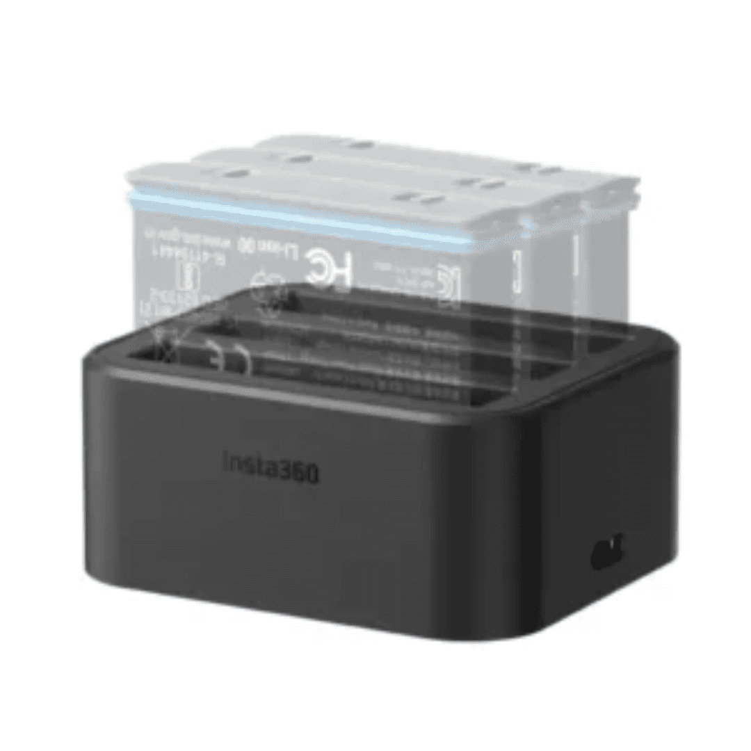 Insta360 Dual Battery Charger for quick charging of camera batteries, compact design for portability