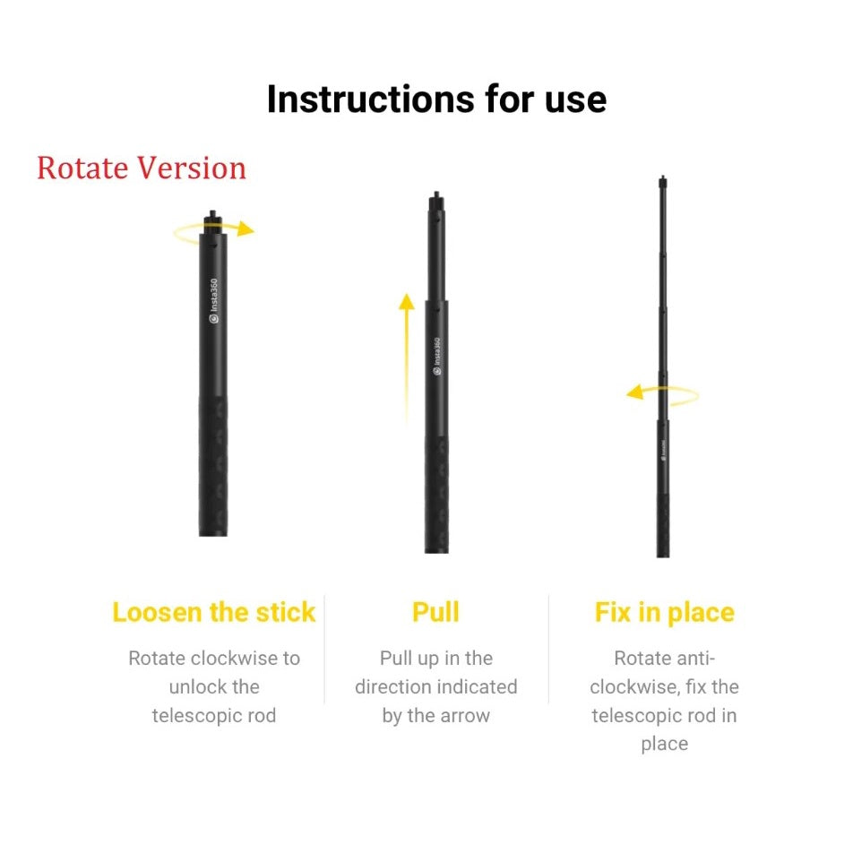 Instructions for using the Invisible Selfie Stick with steps for adjusting and fixing the telescopic rod