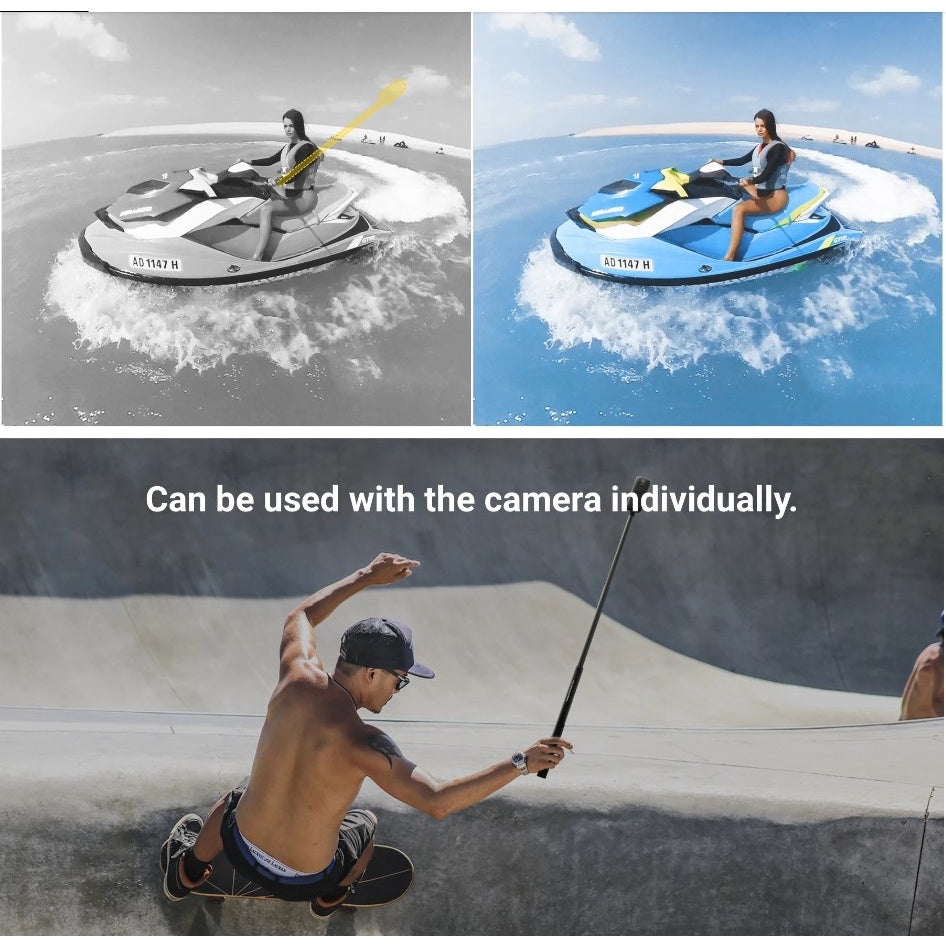 VMIDirect Invisible Selfie Stick shown in use with various water sports activities for capturing unique moments
