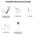Insta360 Motorcycle Mount Bundle featuring Heavy Duty Claw, Helmet Mount, Tail Mount, and Cockpit Mount