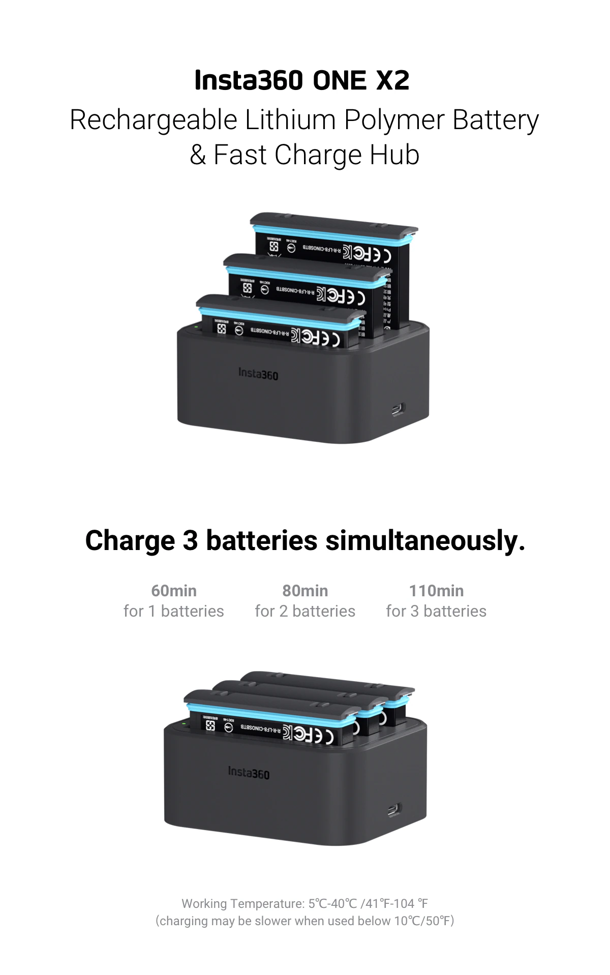 Insta360 ONE X2 Fast Charging Hub for charging up to 3 batteries simultaneously with quick charge times