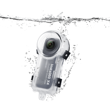 Insta360 X4 Invisible Dive Case submerged in water showcasing its waterproof design and camera protection