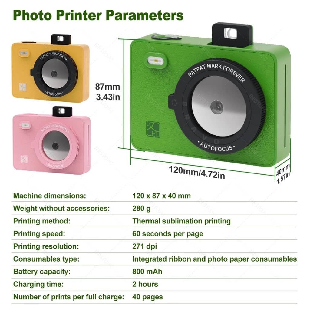 VMIDirect Instant Photo Print Camera in green, pink, and yellow with specifications and features