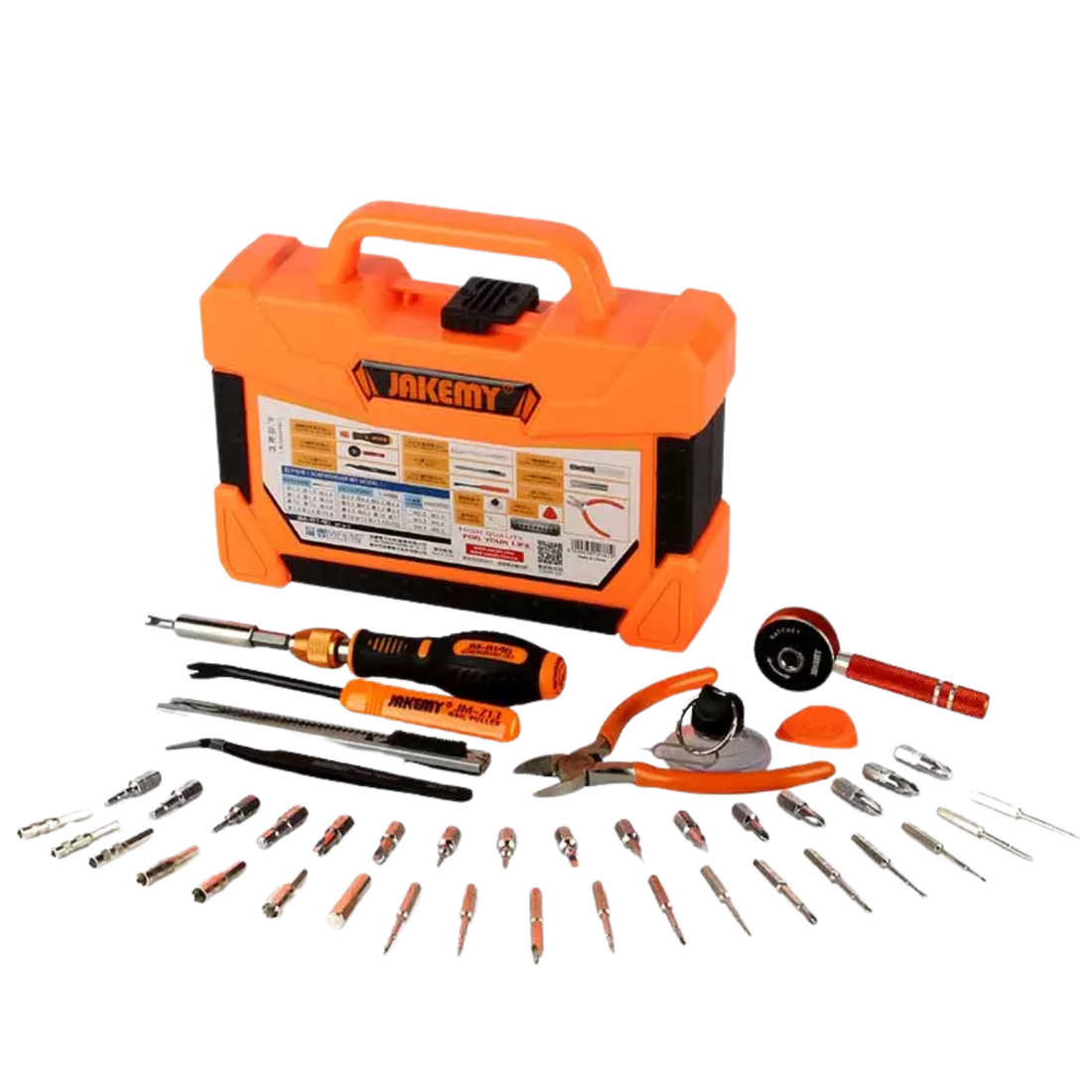 JAKEMY JM-8146 toolkit with a variety of tools and an orange carrying case for convenience