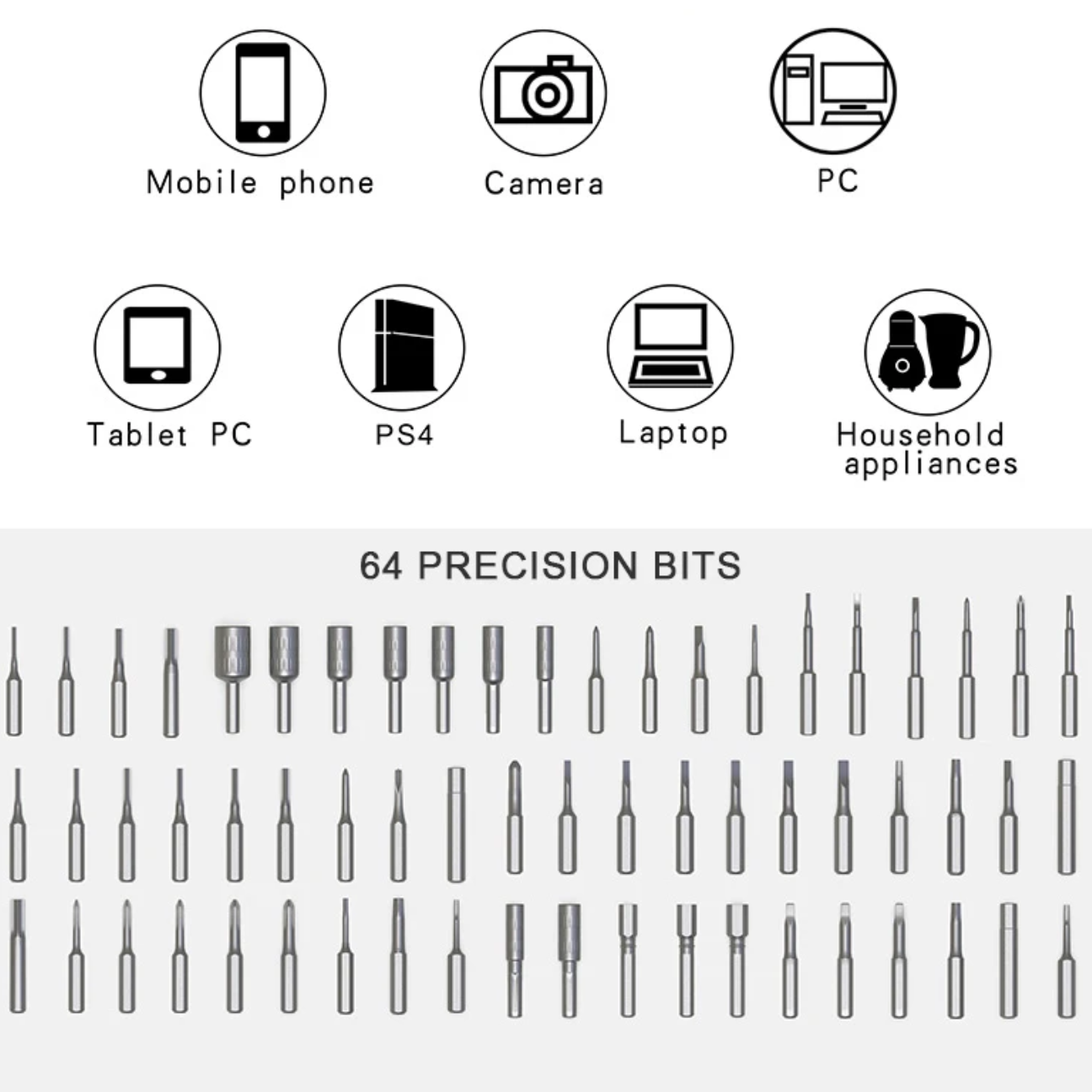Mini Repair Screwdriver Tool Kit with 64 precision bits for electronics and household repairs