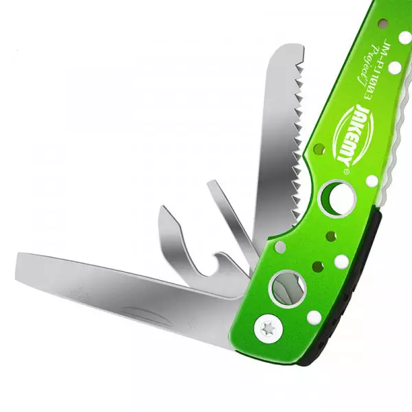 Multifunctional folding pliers with multiple tools and a vibrant green handle for various tasks