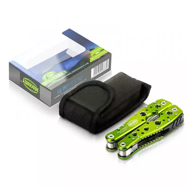 Multifunctional folding pliers in green with carrying case and packaging for versatile use