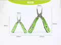 Multifunctional folding pliers in green with various sizes displayed for versatile use