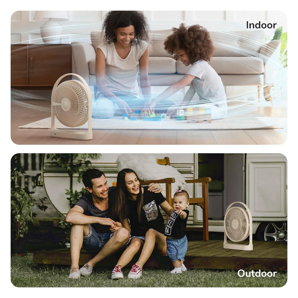 Beige portable rechargeable desk fan with circular handle and protective grille
