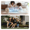 Portable rechargeable desk fan shown in use indoors and outdoors with families enjoying cool air