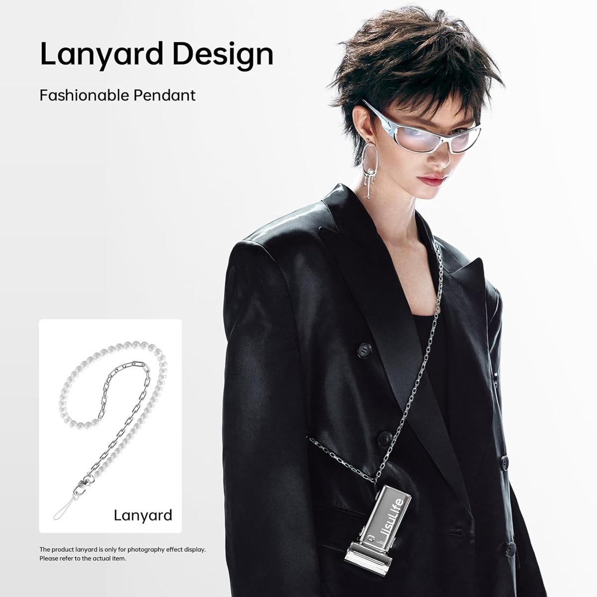 JISULIFE chrome handheld fan with lanyard design for easy carrying and stylish use