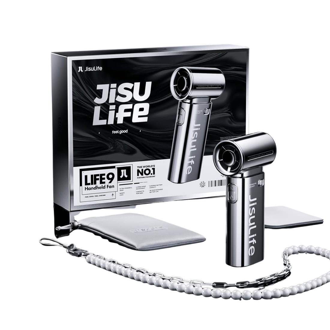 JISULIFE chrome handheld fan set with sleek design and portable features for on-the-go cooling