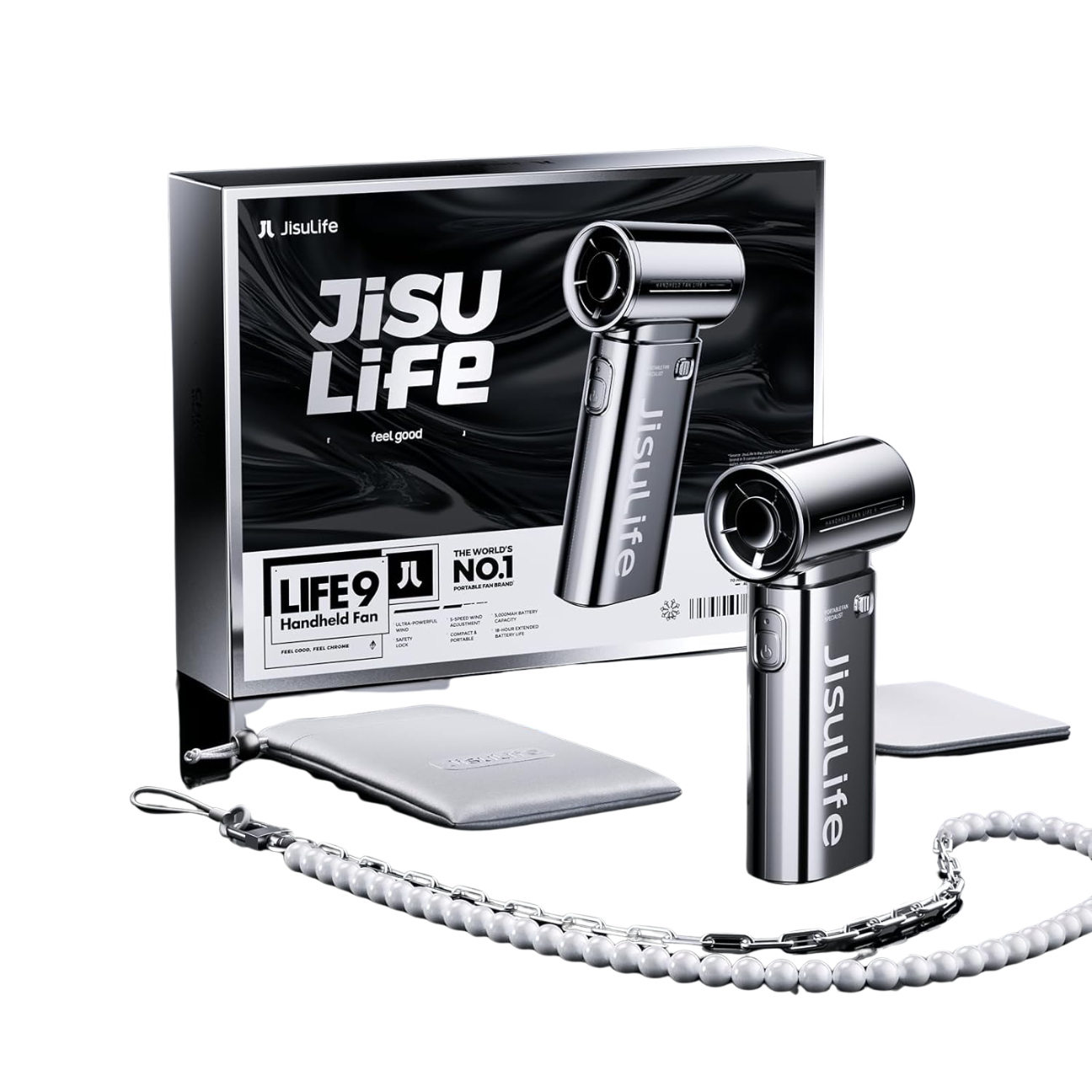 JISULIFE chrome handheld fan set with sleek design and portable features for on-the-go cooling
