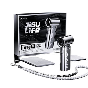 JISULIFE chrome handheld fan set with sleek design and portable features for on-the-go cooling