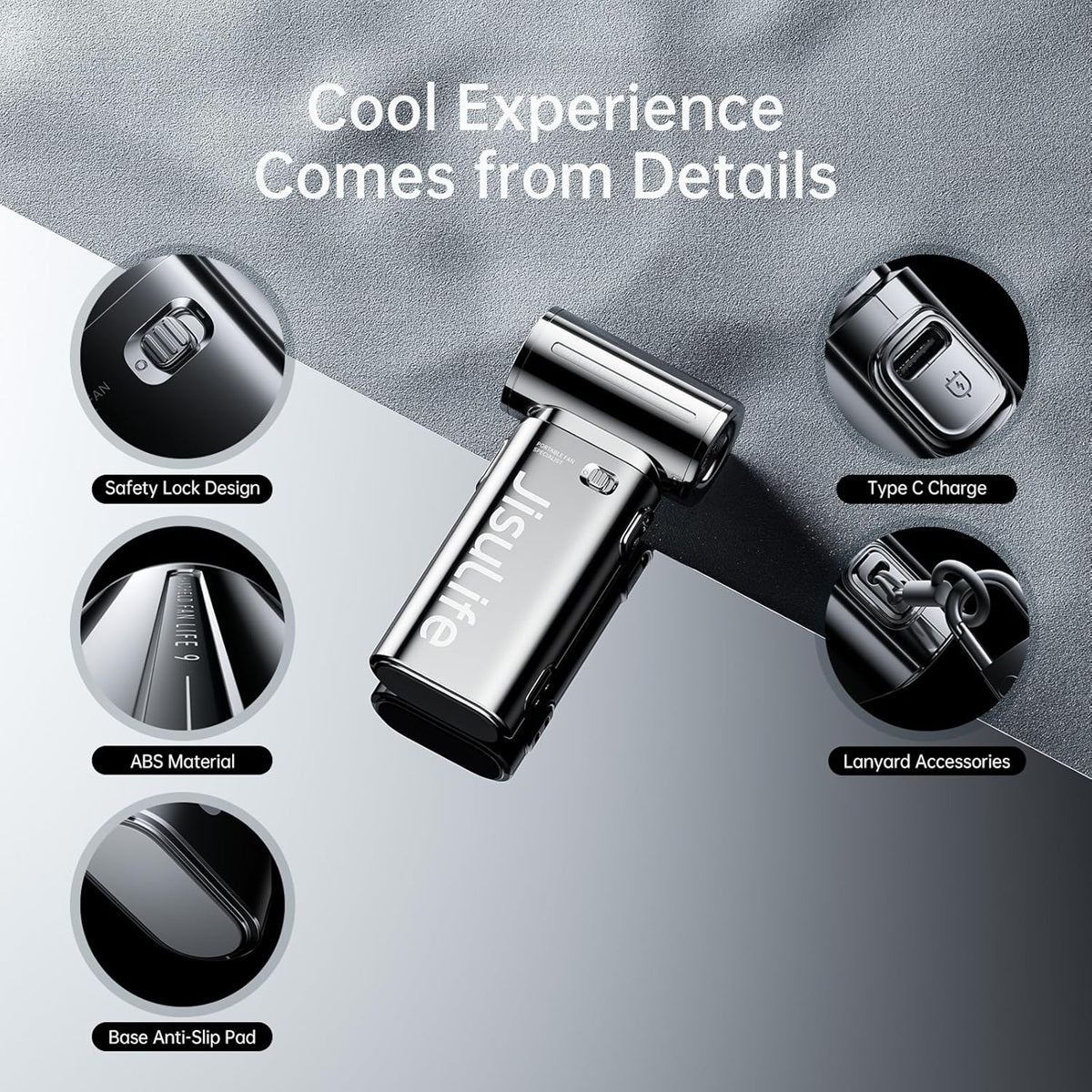 JISULIFE chrome handheld fan showcasing safety lock design and Type C charge features