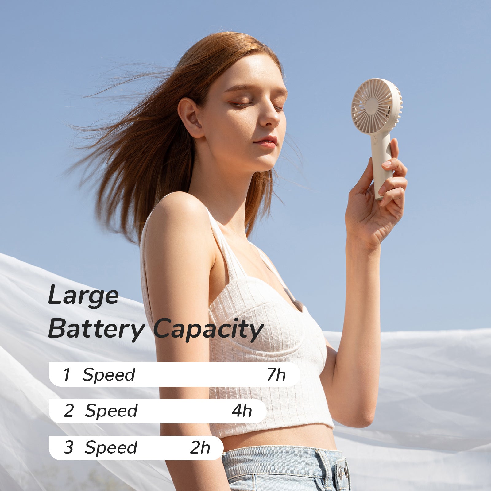 VMIDirect FA21 Portable Handheld Fan with large battery capacity and three speed settings for personal cooling