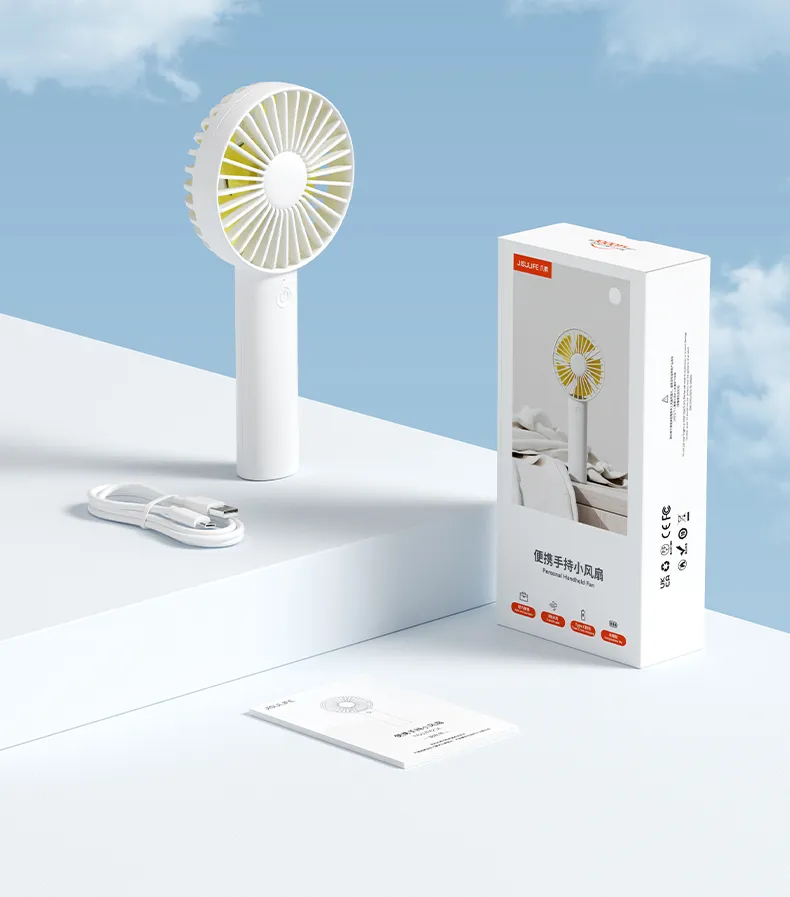 FA21 Portable Handheld Fan in White with User Guide and Packaging for Easy Cooling