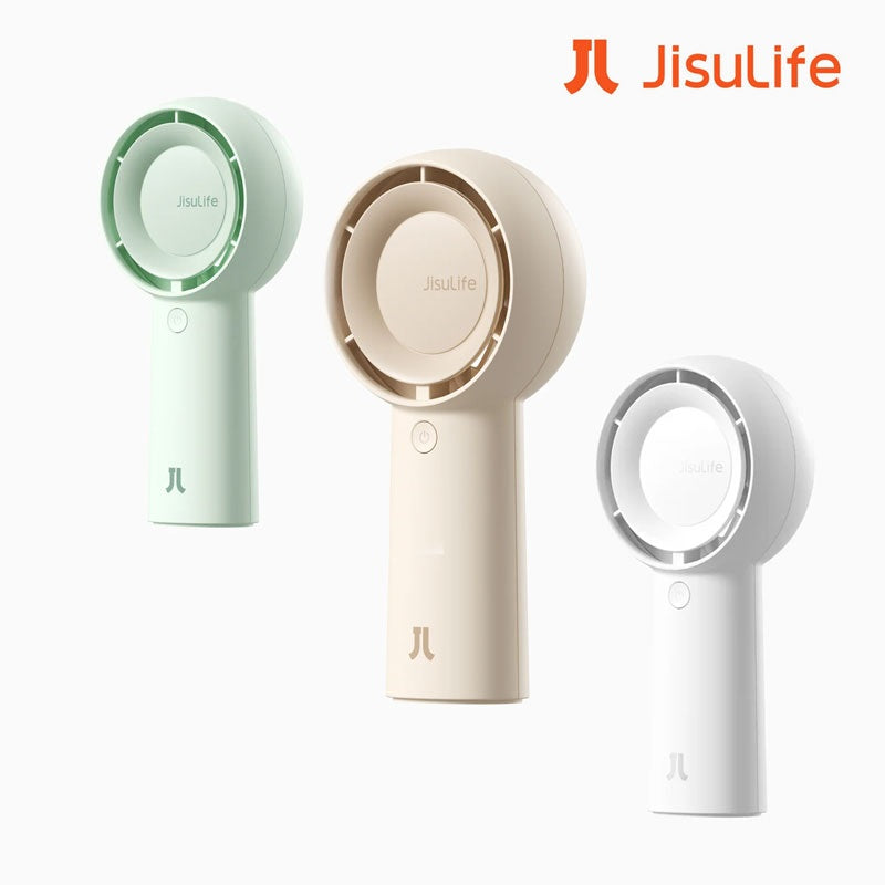 Three JISULIFE FA43 Portable Handheld Fans in green beige and white colors by VMIDirect