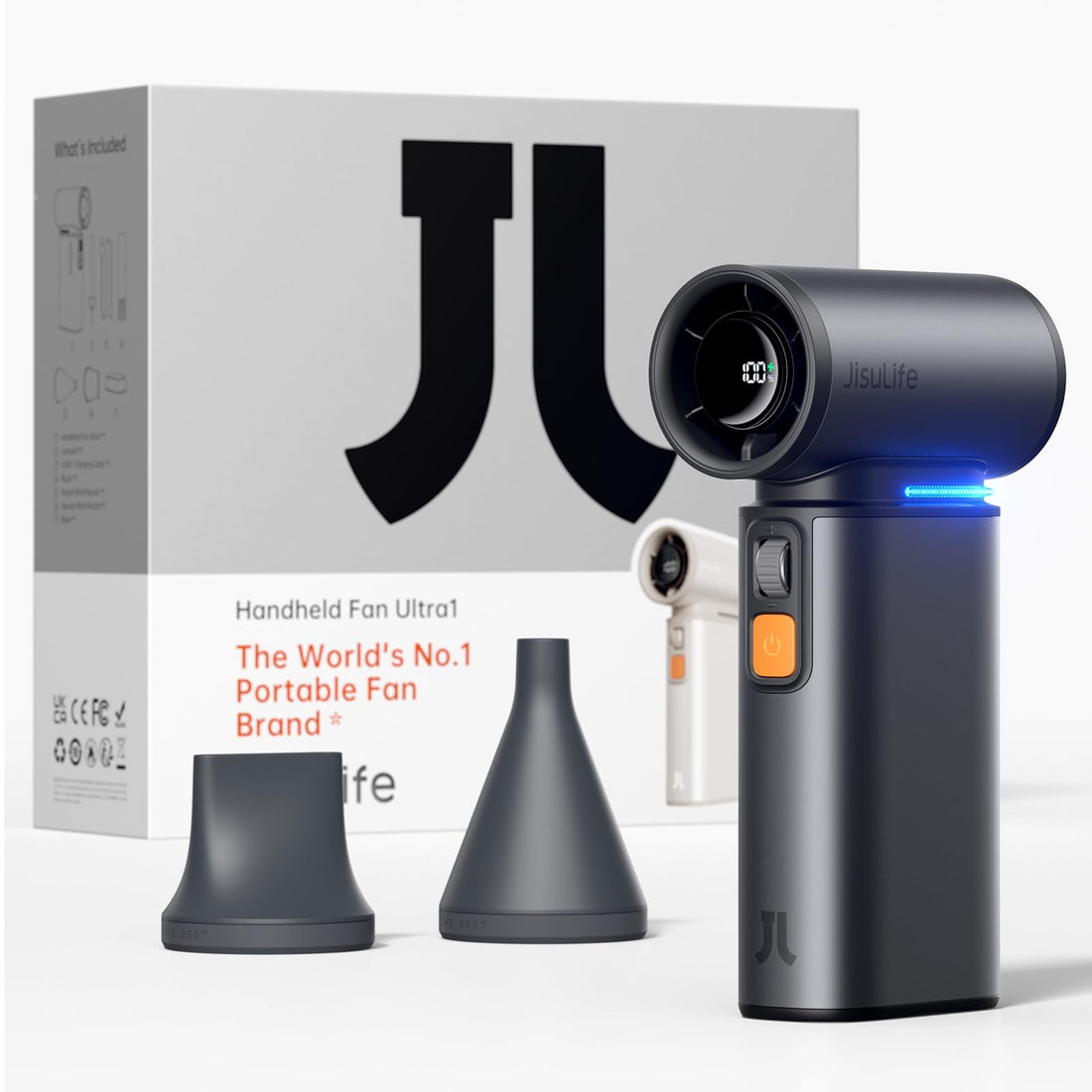 Jisulife FA55 Ultra 1 fan handheld portable fan in dark color with two nozzle attachments and packaging box