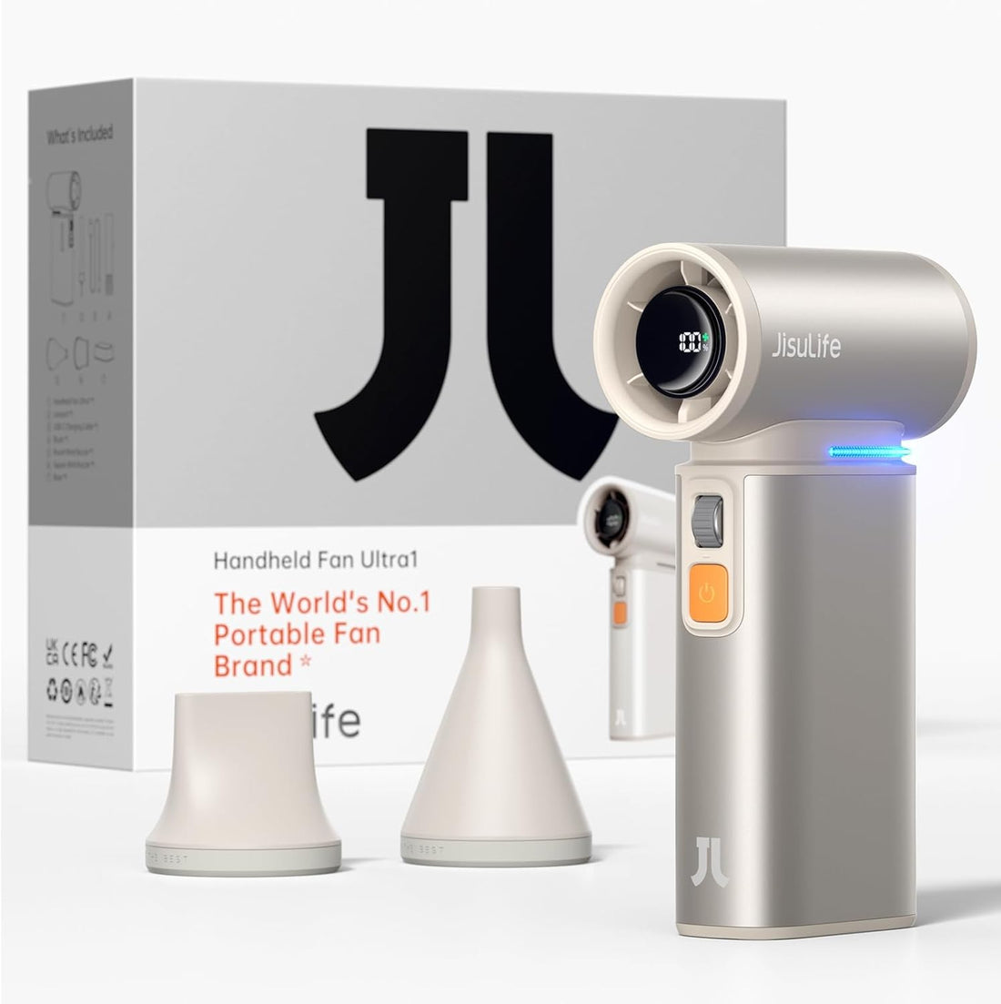 Jisulife FA55 Ultra 1 fan handheld portable fan in dark color with two nozzle attachments and packaging box