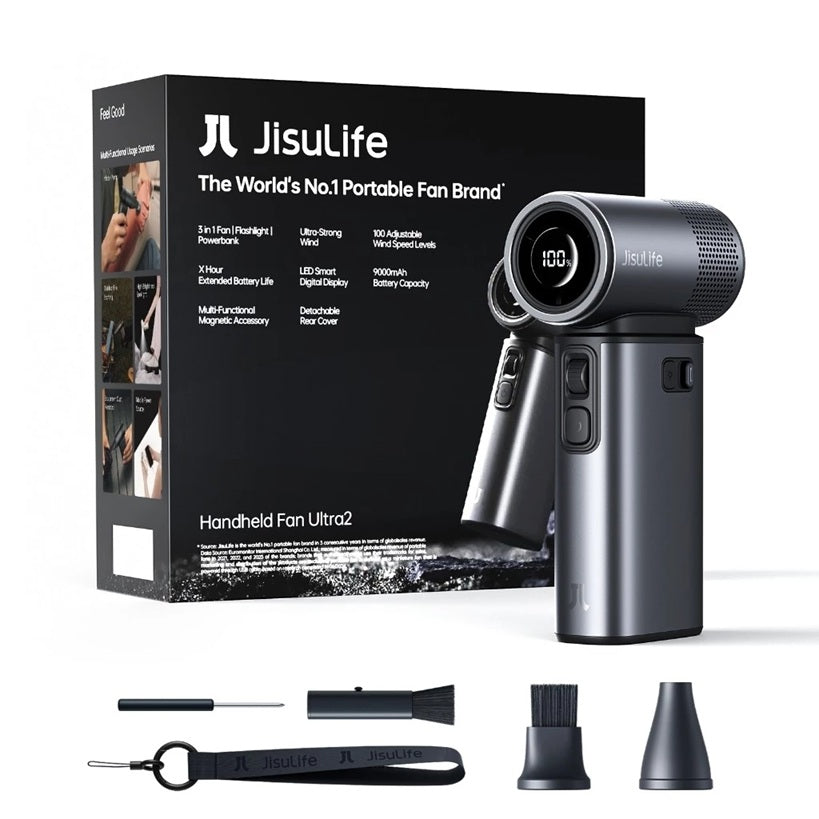 JISULIFE handheld fan 9000mAh with accessories and packaging for versatile cooling options