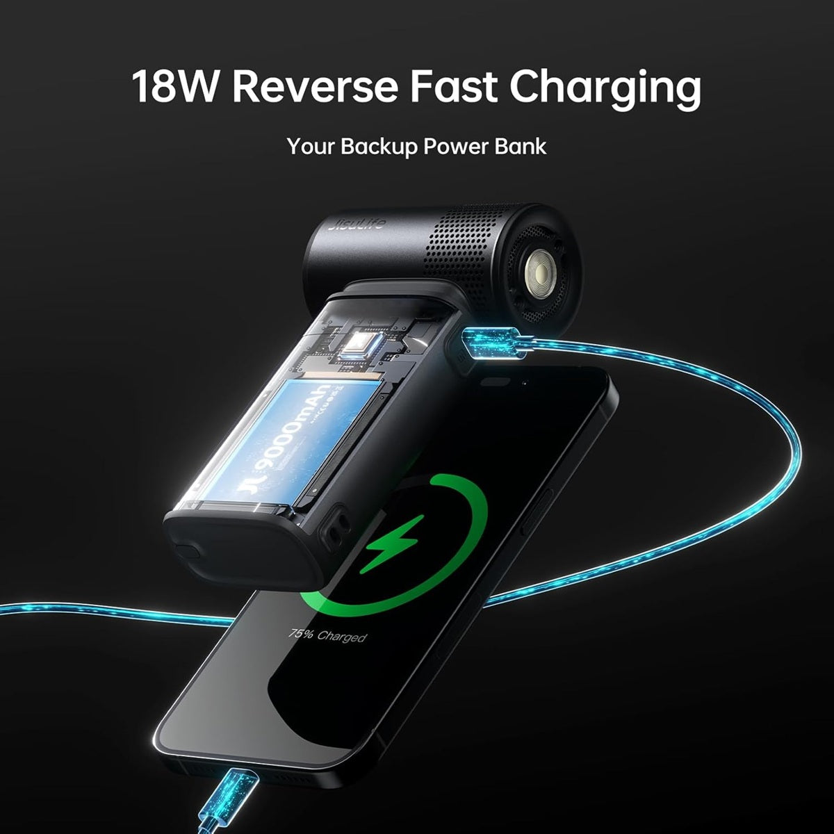 JISULIFE handheld fan 9000mAh with reverse fast charging capability for mobile devices