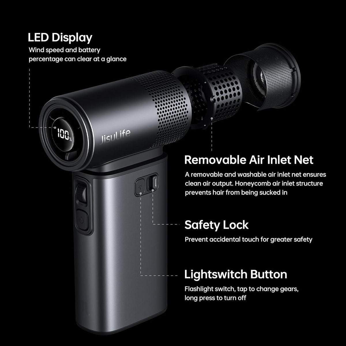 JISULIFE handheld fan 9000mAh with LED display, safety lock, and removable air inlet net for improved safety