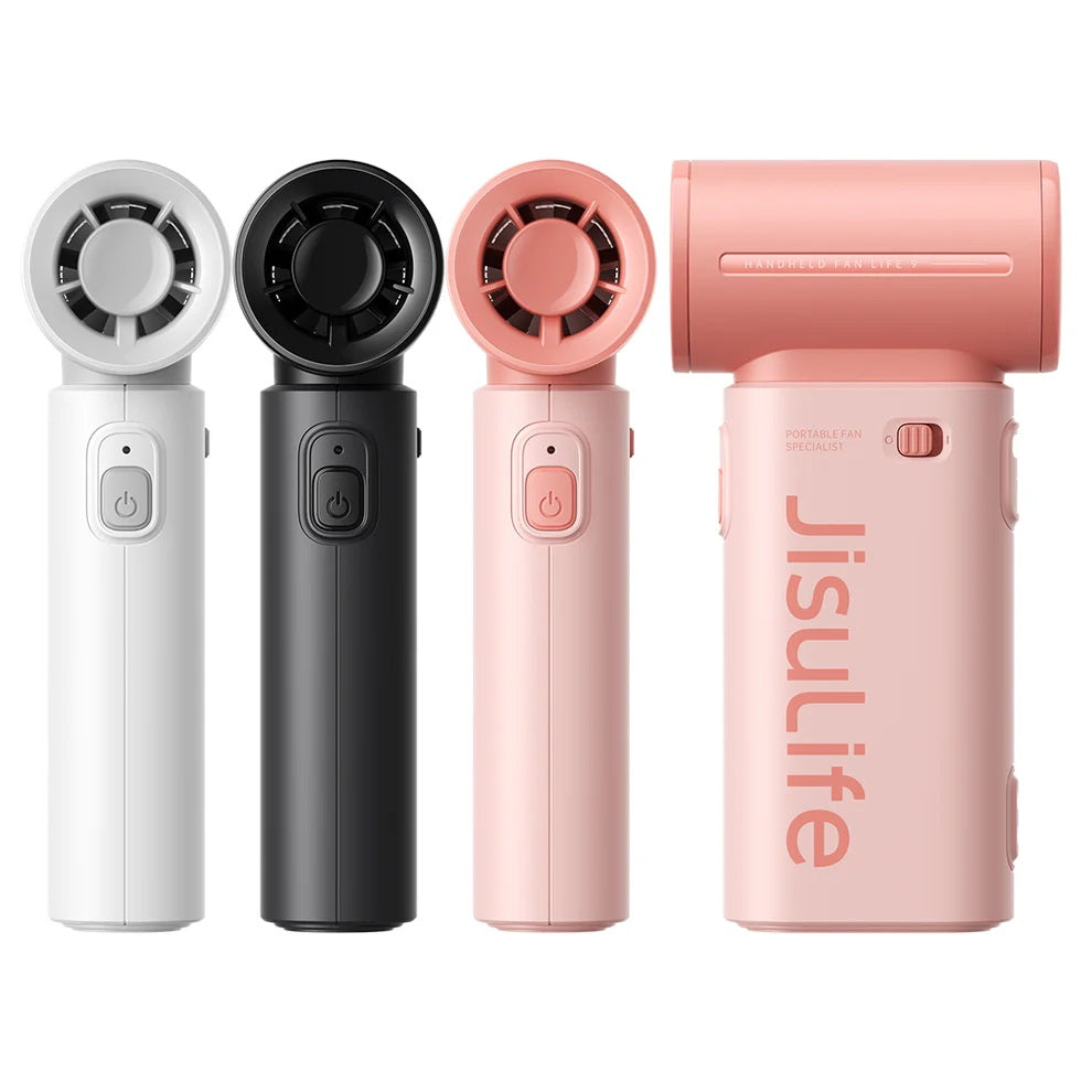 JISULIFE Life 9 fan handheld portable fan in white black and pink with foldable design