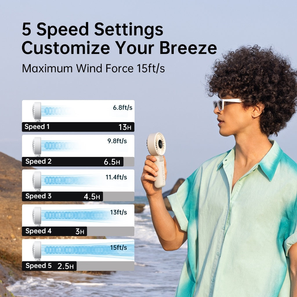 Jisulife mini fan portable handheld fan with 5-speed settings held by person at the beach