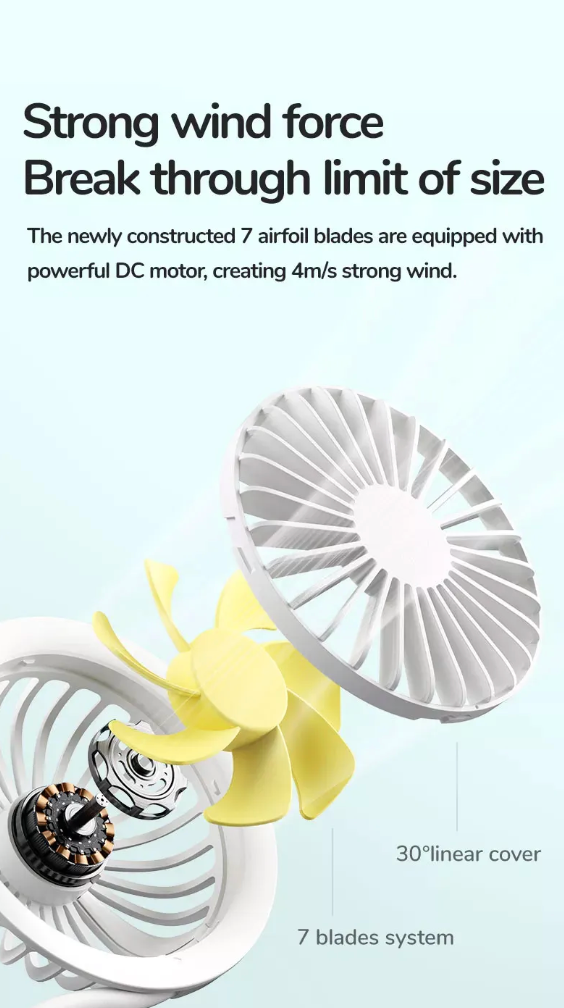 Mini portable fan USB rechargeable with 7 airfoil blades and powerful DC motor for strong wind