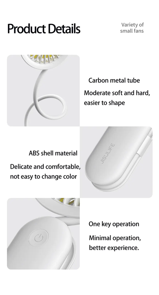 Mini portable fan USB rechargeable with carbon metal tube and ABS shell for easy shaping and durability