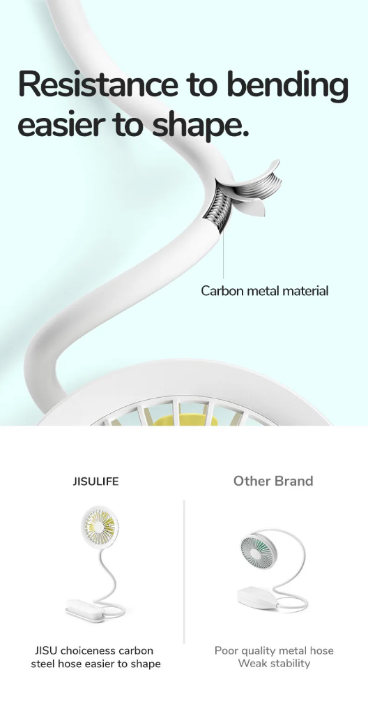 Mini portable fan USB rechargeable with flexible carbon metal hose for easy bending and shaping