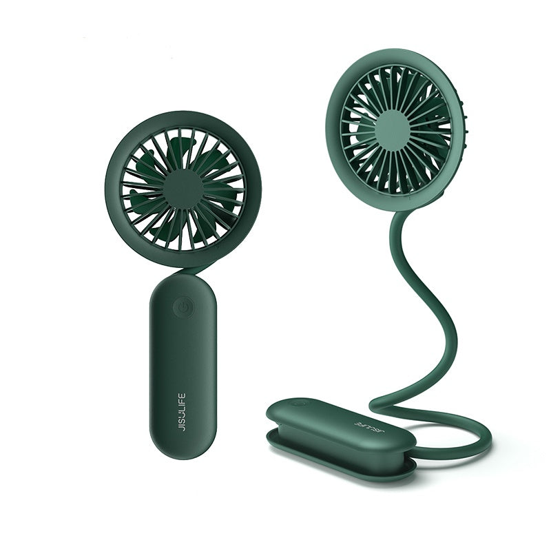 Handheld mini portable fan USB rechargeable in green with flexible neck and clip