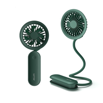 Handheld mini portable fan USB rechargeable in green with flexible neck and clip