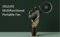 Multifunctional mini portable fan USB rechargeable held by a metallic hand model