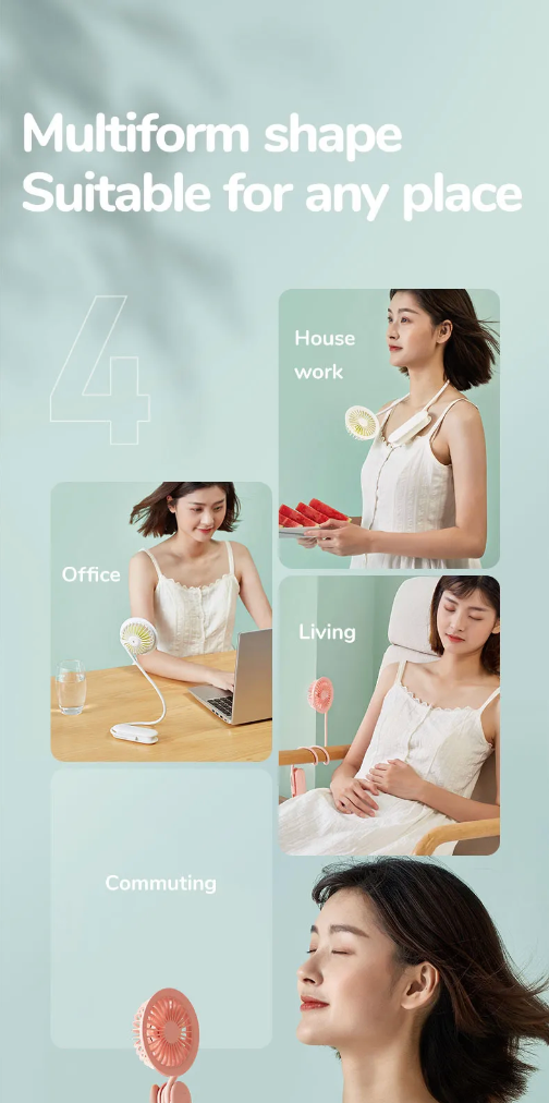 Mini portable fan USB rechargeable shown in multiform shapes for office, home, commuting, and living use