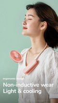 Pink mini portable fan USB rechargeable worn around neck for hands-free cooling