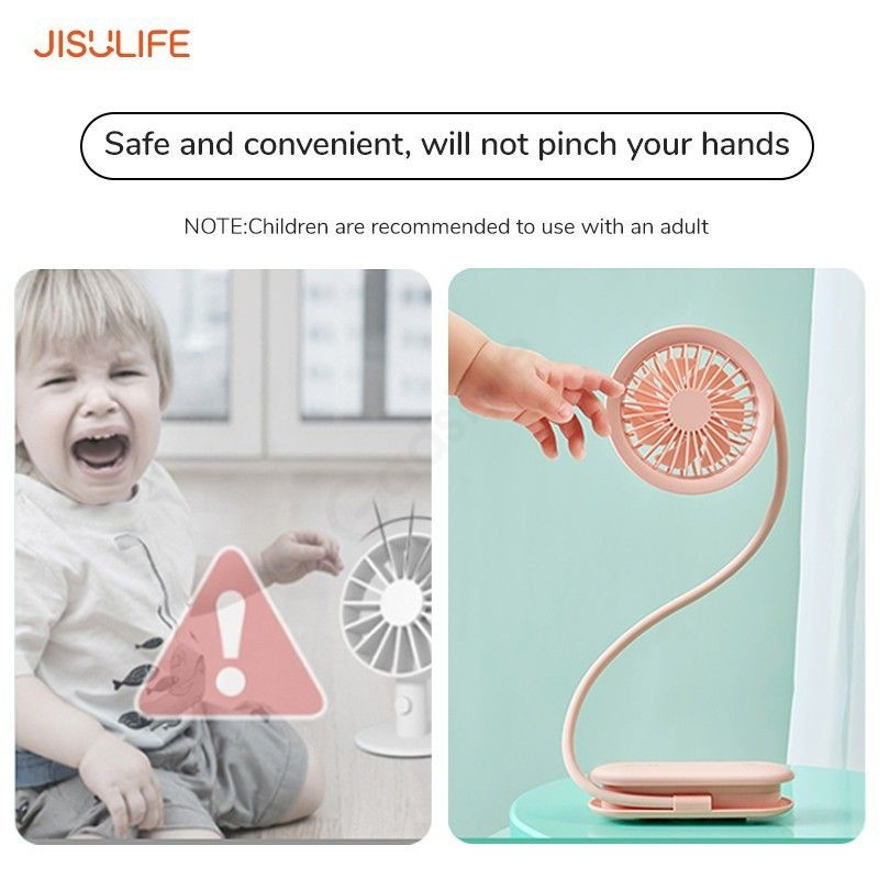 Mini portable fan USB rechargeable shown with child safety and flexible design