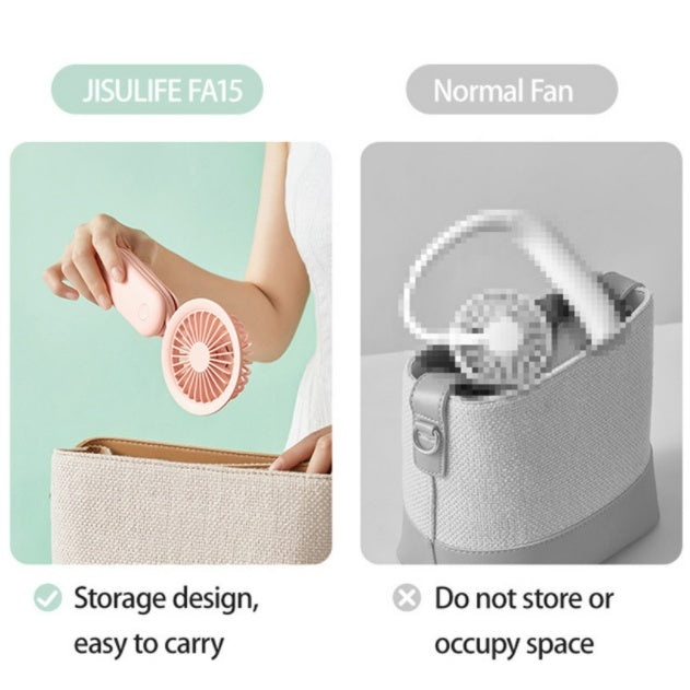 Mini portable fan USB rechargeable pink handheld fan being placed in a small bag
