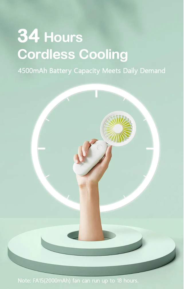 Handheld mini portable fan USB rechargeable with 34 hours cordless cooling and 4500mAh battery