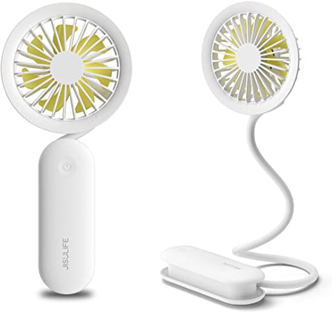 Mini portable fan USB rechargeable handheld fan in white with flexible neck and clip