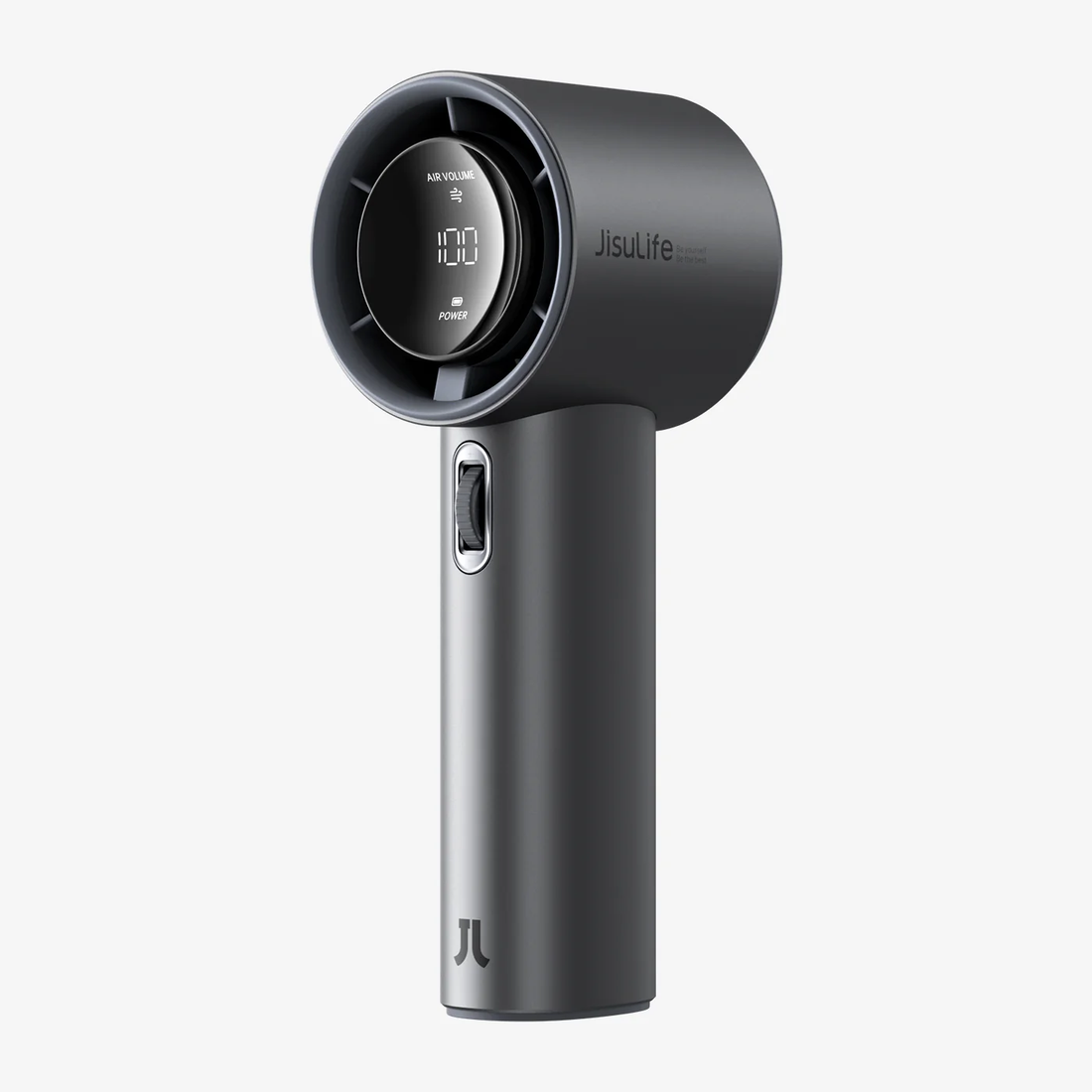 Portable mini handheld fan in sleek black with digital display and power button