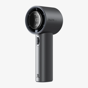 Portable mini handheld fan in sleek black with digital display and power button
